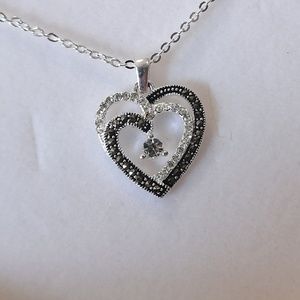 Fine Silver & Black Marcasite Heart Necklace BNWT